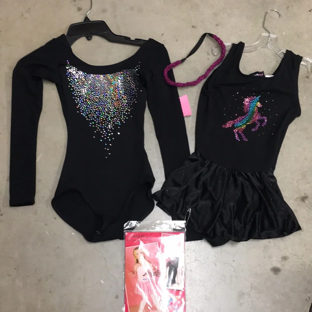 4 pc bundle of unicorn leortard‎ and flashy dancer, hair pc, white pantyhose.